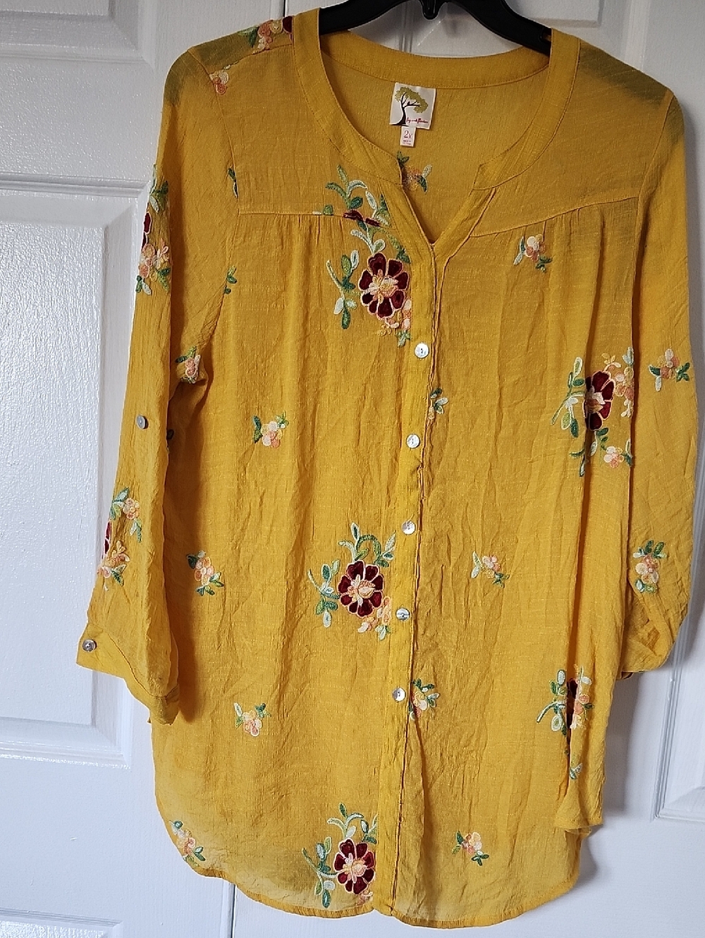 fig and flower Golden Yellow Embroidered Button-Down Blouse